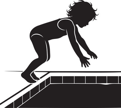 Black silhouette of young child jumping diving into swimming pool isolated on white background playful active summer vacation youth fun sports swimming lesson minimal vector graphic illustration conce
