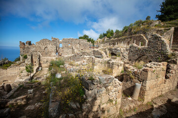 Fototapeta premium Historic Ruins of Syedra Ancient City in Alanya Antalya Turkey, Archaeological Heritage Site from the Roman Era