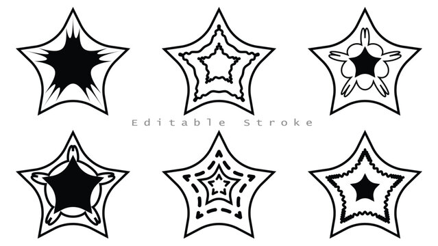 Stylized Curved Five Pointed Star Icons and Mandala Style Ornaments Set
