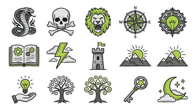 Adventure and mythology icon set with symbols.