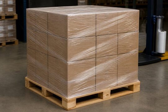 Stacked cardboard boxes shrink wrapped on wooden pallet in warehouse