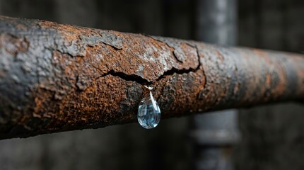 Fototapeta premium Leaking rusty metal pipe showing a crack and water damage risk.