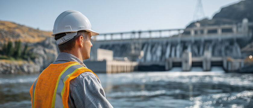 Engineer at Dam: A thoughtful engineer in a hard hat and safety vest gazes at a massive hydroelectric dam, contemplating the immense power of water and human ingenuity.