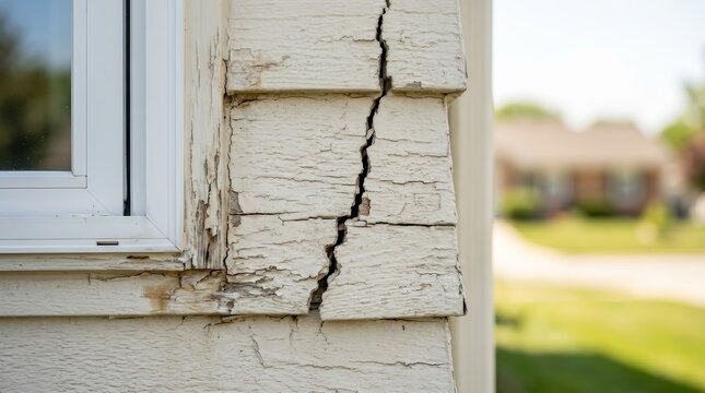 A close-up view of damaged house siding with cracks and signs of rot from moisture.