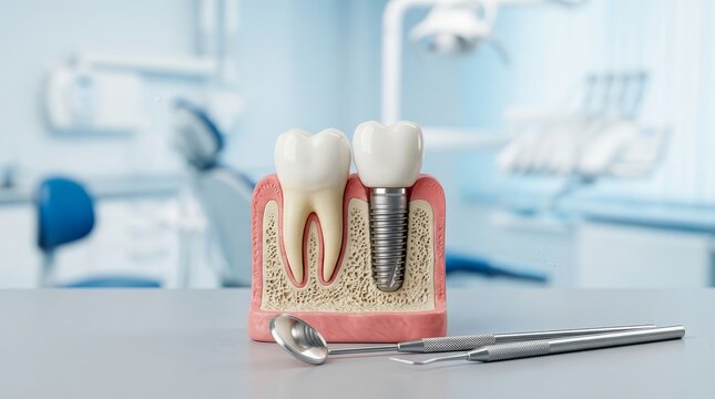 Restorative dentistry procedure concept featuring a dental implant model and natural tooth.