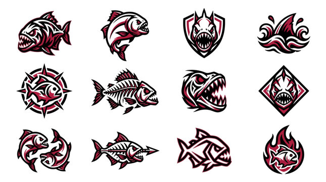 Aggressive red and black predatory fish icons.