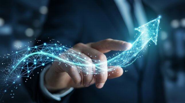 Strategic leadership and transformation represented by a hand directing a glowing digital arrow swirl upward.