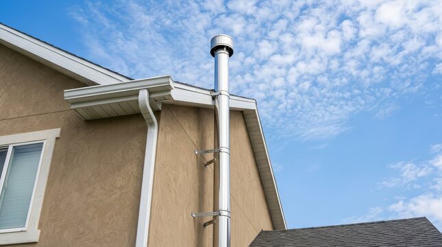 Rooftop vent pipe for radon mitigation installed on a residential house wall for home safety.