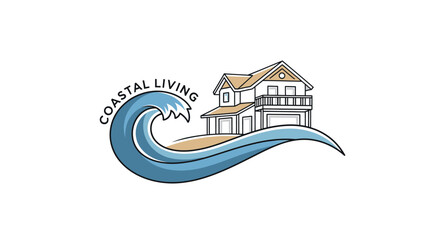 Fototapeta premium Coastal Living Logo: House on Beach with Ocean Wave and Text