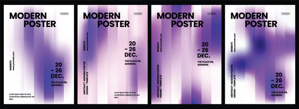Vertical modern posters set featuring abstract gradient purple and white stripes with bold typography and professional graphic design layout templates