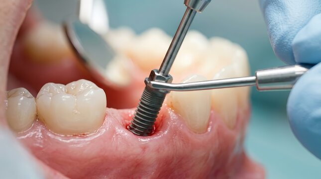 Dental implant titanium screw and surgical instruments positioned near tooth and peri-implant tissue.