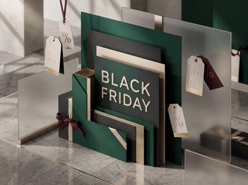 Luxury Black Friday Sale Display with Premium Shopping Tags and Modern Retail Promotion Design