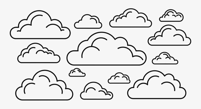 Set of various hand drawn cloud icons in a simple outline style.