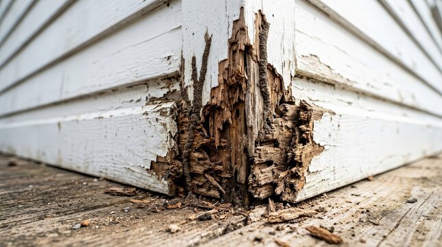Termite damage on exterior wood siding showing decay, mud tube residue, and structural deterioration.