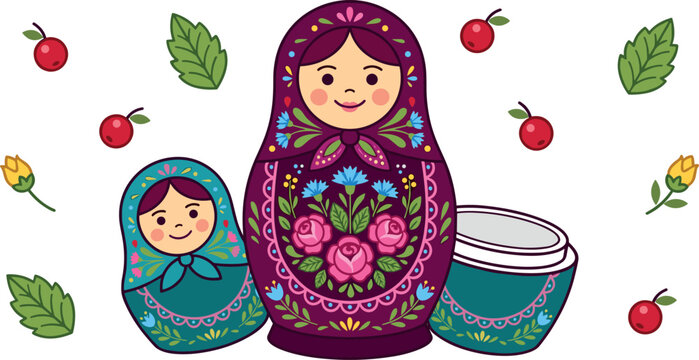 Traditional Russian Babushka Doll Vector Set Featuring Purple Matryoshka Nesting Doll with Open Bottom Half Section Floral Patterns and Flying Berries