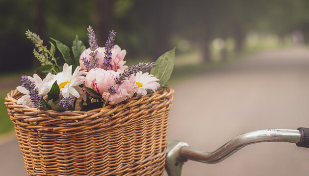Wicker Bicycle Basket Filled with Fresh Flowers
