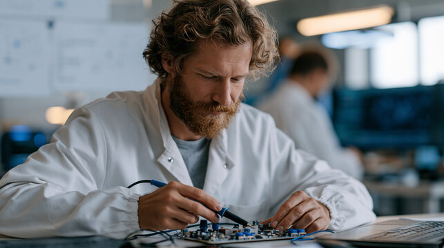 Deep space communication relay engineer solders quantum signal amplifier components onto circuit board in electronics lab, interplanetary network latency diagrams tacked above