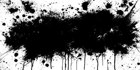 A dynamic abstract composition features a prominent black ink splatter, artfully scattered with drips and droplets, creating a visually striking and textured graphic element on a white background. © GREENPIXEL Art