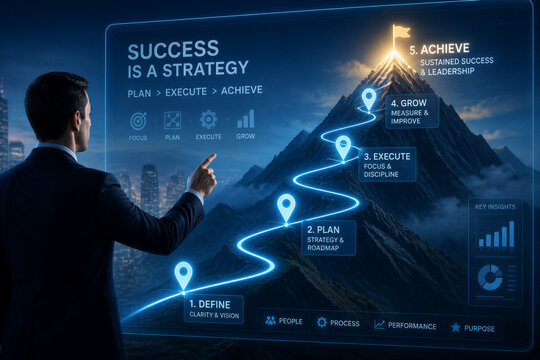 Businessman pointing at strategic path to summit on virtual display