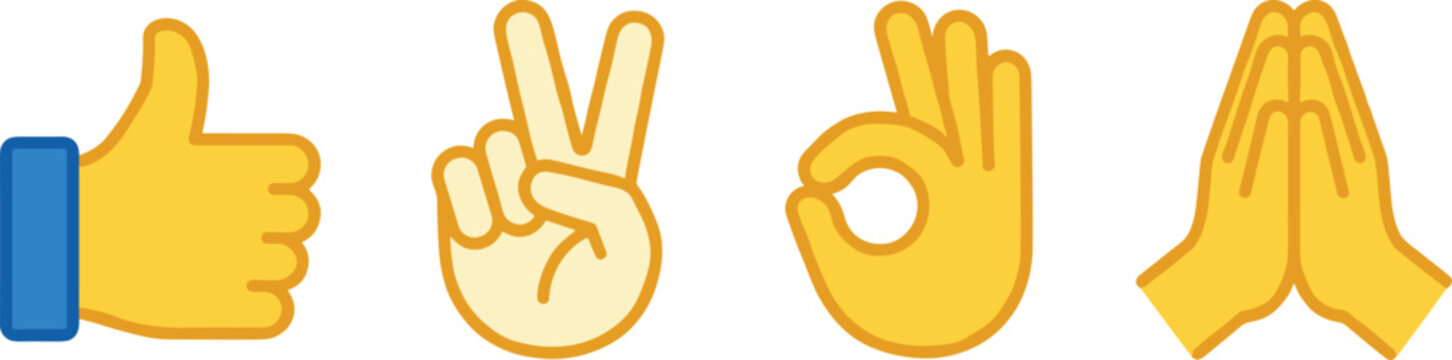 Hand gesture emoji vector illustration set featuring positive thumbs up, peace or victory sign, perfect okay symbol, and praying hands or high five isolated on white background.