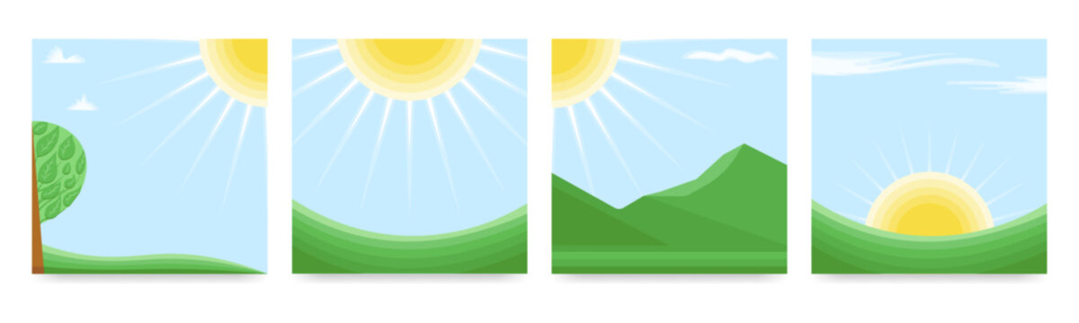 Sunrise and sunset nature landscape collection. Vector illustration. Environment, outdoor, nature, serene, calm view.