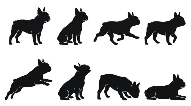 French Bulldog silhouette collection featuring various dog poses like sitting standing running jumping sniffing and lying down in a minimal flat vector style. isolated on white background PNG