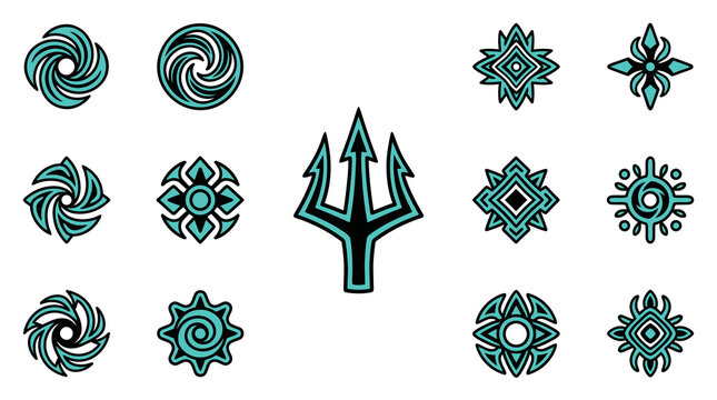 Abstract fantasy runes and mystic trident symbols.