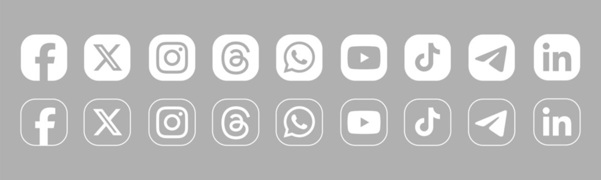 Social media logo icons set. Popular white social network logos collection. Facebook x instagram linkedin threads telegram tiktok youtube whatsapp