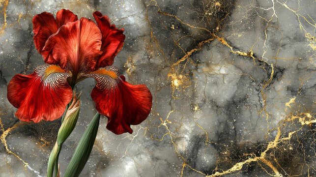 A striking red iris flower set against a luxurious gold and gray marble backdrop.