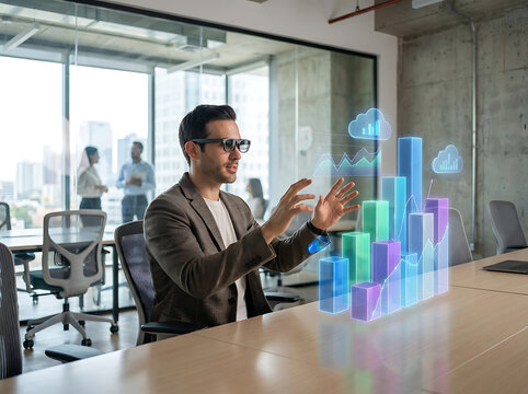 Businessman interacting with holographic data. Digital analyst using futuristic charts. Tech innovation.