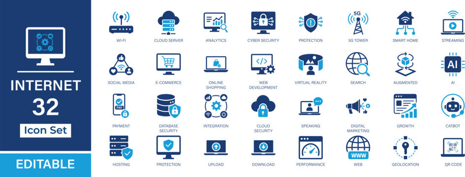 Internet Technology 32 editable solid icon set. AI, cloud, cyber security, networking, e-commerce, web development, analytics and automation vector icons for UI, UX, web and app design.