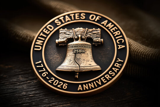 Antique brass commemorative medal for the United States of America 250th anniversary featuring the liberty bell and anniversary dates