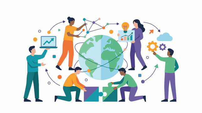 Diverse team collaborating globally with data ideas and puzzle pieces for success