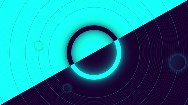 Half cyan half midnight abstract radial rings background with glowing central circle and subtle orbits, futuristic techno motion graphic layout perfect for HUD interfaces, music visuals & sciFi intros