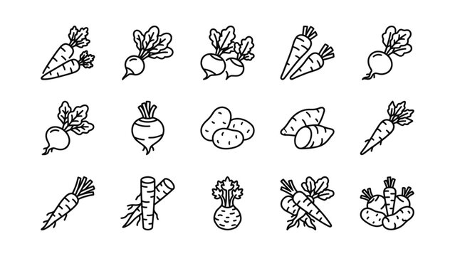 Assorted Root Vegetables Line Art Icons Collection Healthy Food Symbols