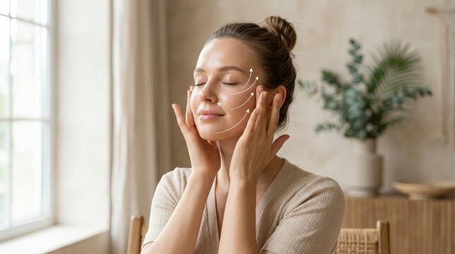 Facial massage routine for skin and muscle tone featuring marked lifting lines on a woman's face.