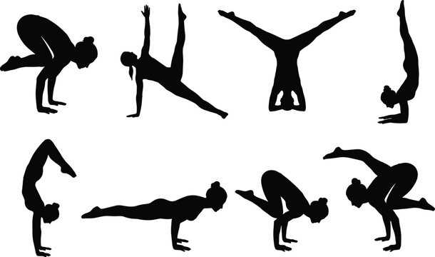 Advanced yoga arm balances and inversion poses woman black silhouette vector illustration icon set