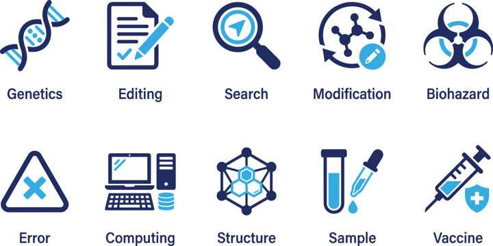 Series of laboratory research science genetic engineering biotech biohazard medical study vector icon set.