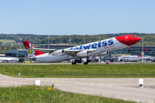 Edelweiss Airbus A340-300 airplane at Zurich airport in Switzerland