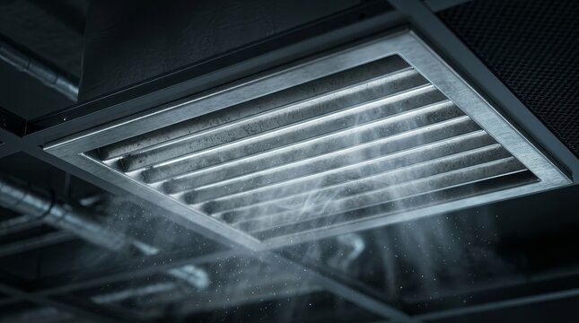 Air duct cleaning process showing a metal grille with dust and ventilation airflow.