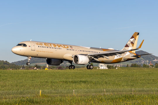 Etihad Airways Airbus A321LR airplane at Zurich airport in Switzerland
