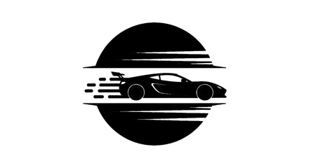 Fototapeta premium Minimal black silhouette icon, simple flat vector, bold black shape, no gradients, no shading silhouette of a fast sports car with motion blur lines on a circular background on a, flat icon style