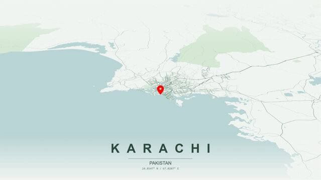 Modern minimalist vector map of Karachi, Pakistan. High-quality scalable illustration of Karachi city grid, Port of Karachi port axis, Lyari River for posters design.