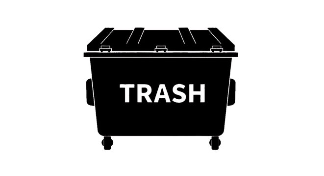 Minimal black silhouette icon, simple flat vector, bold black shape, no gradients, no shading black silhouette of a commercial dumpster with the word trash on the side on a, flat icon style