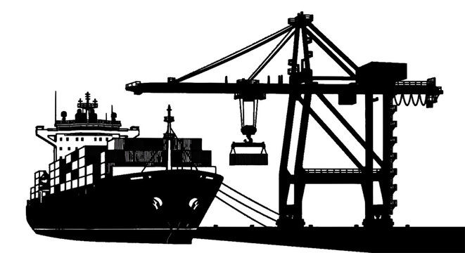 Minimal black silhouette icon, simple flat vector, bold black shape, no gradients, no shading silhouette of a large cargo ship being loaded by a container crane on a, flat icon style