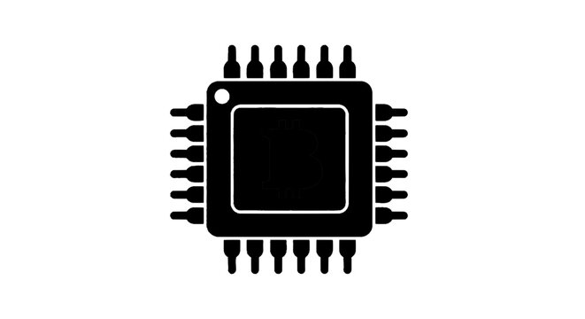 Minimal black silhouette icon, simple flat vector, bold black shape, no gradients, no shading bitcoin mining processor chip icon, cryptocurrency hardware vector illustration on a, flat icon style