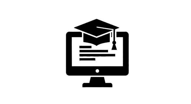 Minimal black silhouette icon, simple flat vector, bold black shape, no gradients, no shading online education icon with graduation cap on computer screen on a, flat icon style