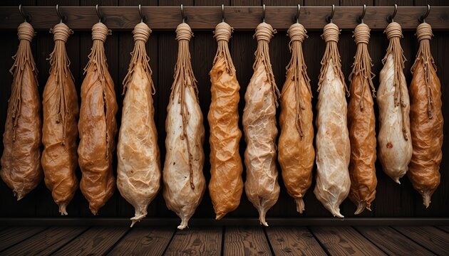 Several dried cured meats hanging on hooks against a dark wooden wall and floor, creating a rustic food storage scene with traditional preservation style
