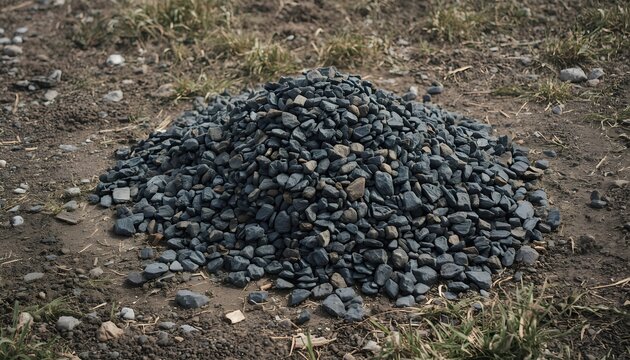 Pile of small black rocks on dirt ground outdoors in nature