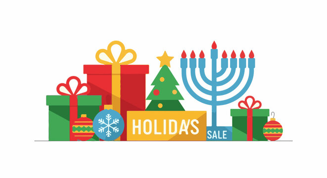 Festive holiday sale featuring gifts a tree and a menorah with celebratory ornaments